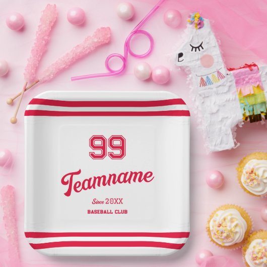 Red Baseball Club Custom Player Nummer & TeamName Papieren Bordje (Feest)