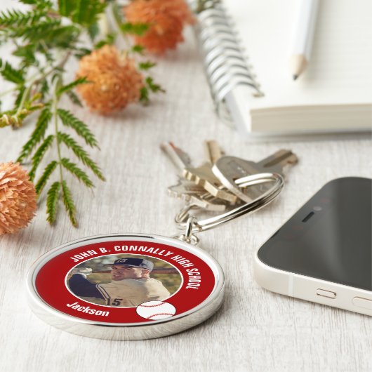 Red Baseball Player Photo High School Spirit Sleutelhanger (Zijkant)