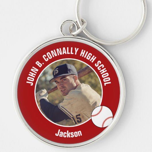 Red Baseball Player Photo High School Spirit Sleutelhanger (Voorkant)