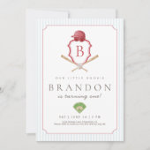 Red Baseball Preppy Crest First Birthday invite Bedankkaart (Voorkant)