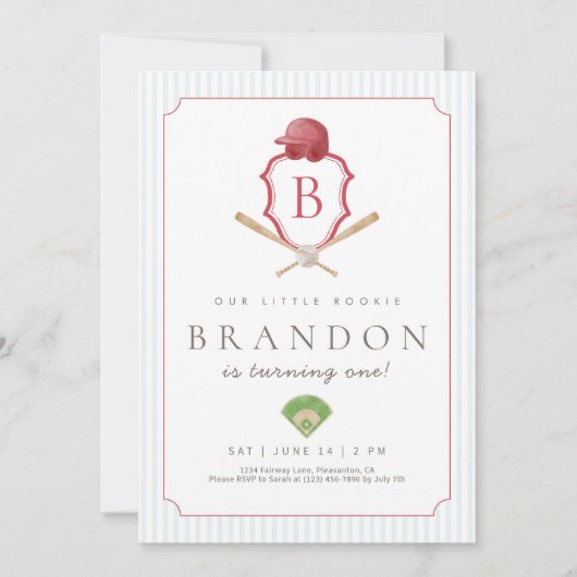Red Baseball Preppy Crest First Birthday invite Bedankkaart (Voorkant)