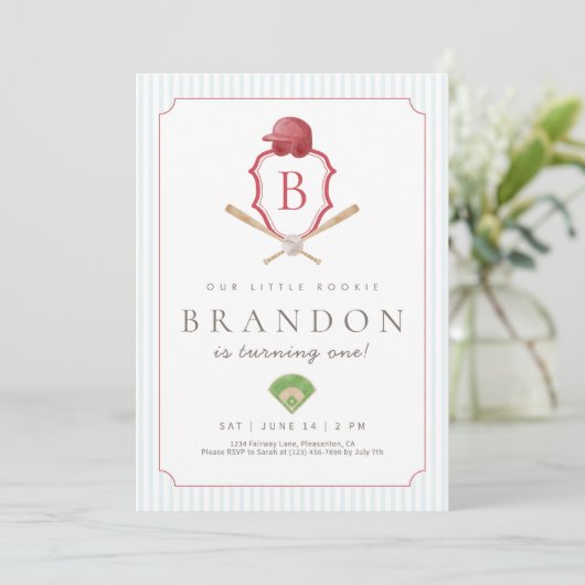 Red Baseball Preppy Crest First Birthday invite Bedankkaart (Staand voorkant)