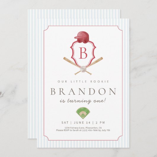 Red Baseball Preppy Crest First Birthday invite Bedankkaart (Voorkant / Achterkant)