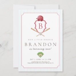 Red Baseball Preppy Crest First Birthday invite Bedankkaart