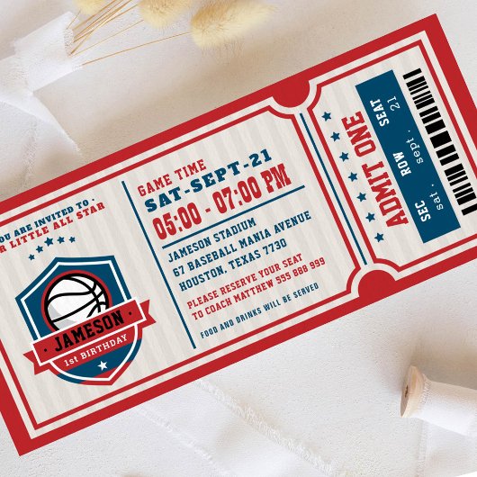 Red  Basketball Ticket Birthday Party Kaart