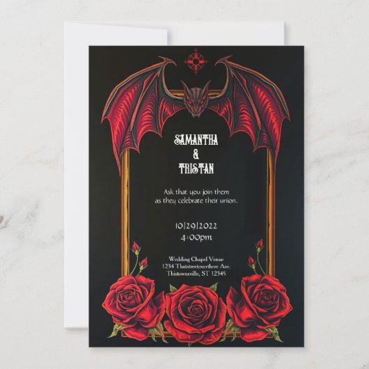 Red Bat and Roses Gothic Wedding Invitation Kaart (Voorkant)
