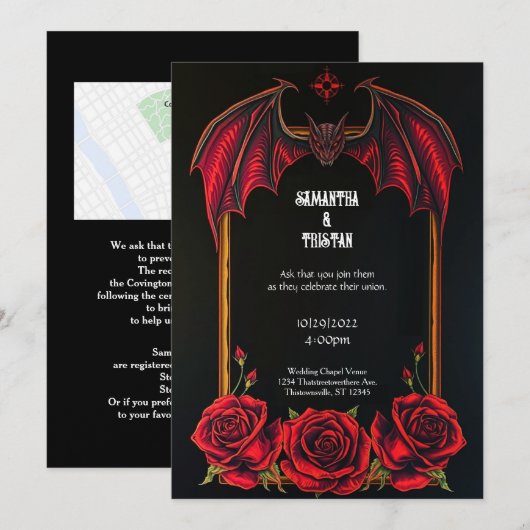 Red Bat and Roses Gothic Wedding Invitation Kaart (Voorkant / Achterkant)