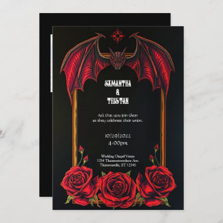 Red Bat and Roses Gothic Wedding Invitation Kaart