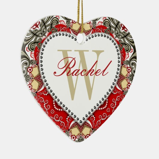 Red Batik Monogram Love Heart Ornament (Rechts)