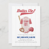 Red Batter Up Baseball First Birthday Invitation Kaart (Voorkant)
