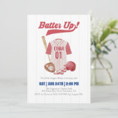 Red Batter Up Baseball First Birthday Invitation Kaart (Staand voorkant)