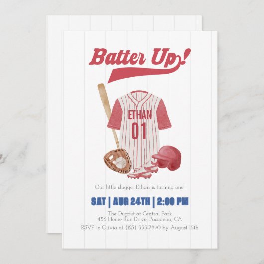 Red Batter Up Baseball First Birthday Invitation Kaart (Voorkant / Achterkant)