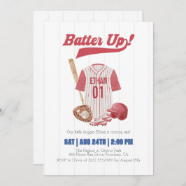 Red Batter Up Baseball First Birthday Invitation Kaart