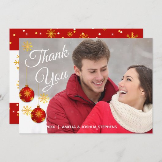 Red Bauble Photo Holiday | Weddenschap Hartelijk Bedankkaart (Voorkant / Achterkant)