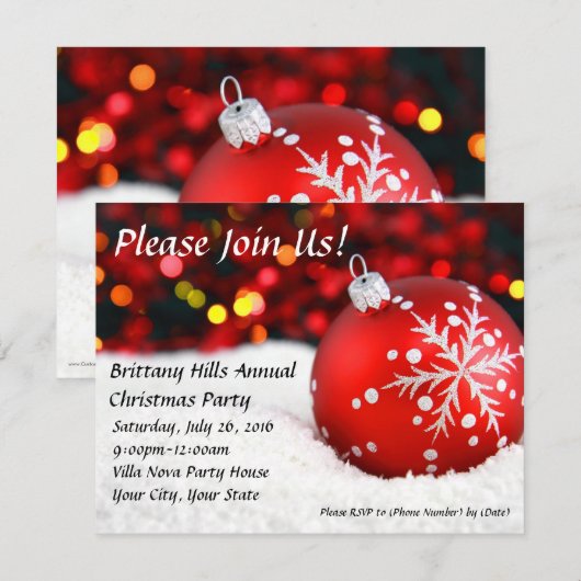 Red Bauble Snow Aangepaste Kerstuitnodigingen Kaart (Voorkant / Achterkant)