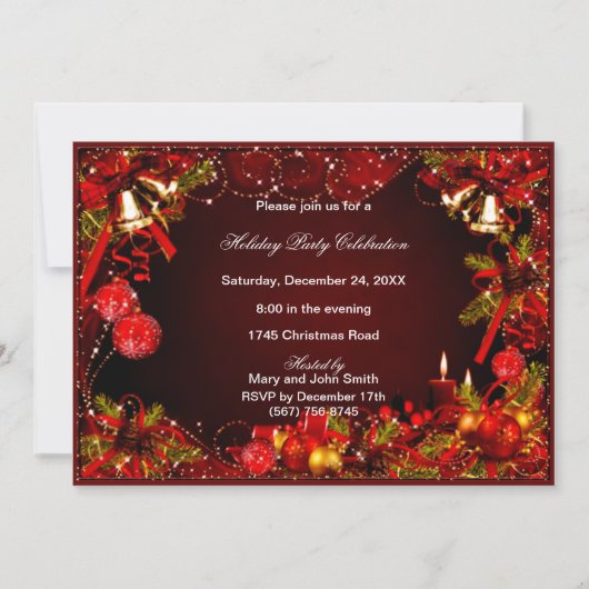 Red Baubles Bells Candles Kerstfeest Kaart (Voorkant)