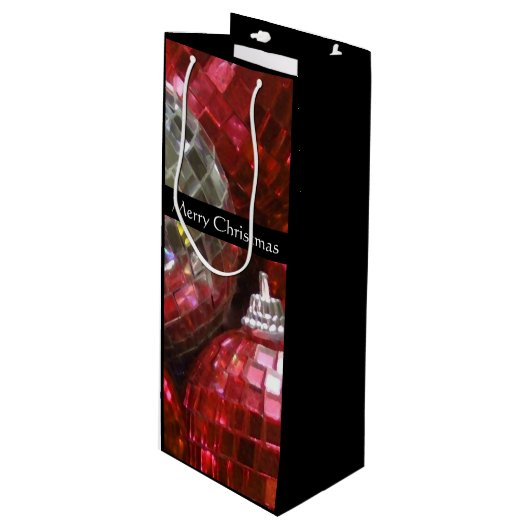 Red Baubles Merry kersttaszak zwart Wijn Cadeautas (Voorkant Gekanteld)