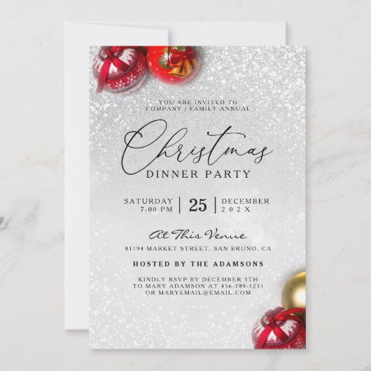 Red Baubles Silver Glitter Kerstfeest Kaart (Voorkant)