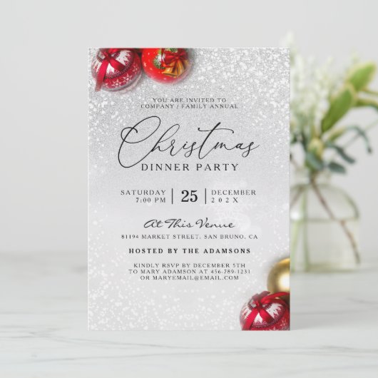 Red Baubles Silver Glitter Kerstfeest Kaart (Staand voorkant)