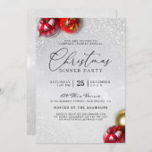 Red Baubles Silver Glitter Kerstfeest Kaart (Voorkant / Achterkant)