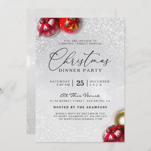 Red Baubles Silver Glitter Kerstfeest Kaart (Voorkant / Achterkant)