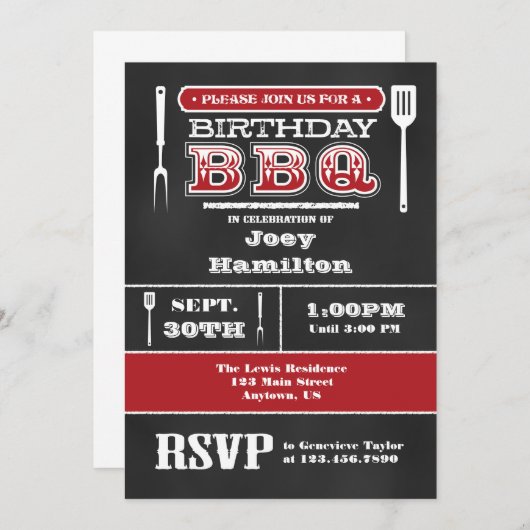 Red BBQ Birthday Chalkboard Invitation Kaart (Voorkant / Achterkant)