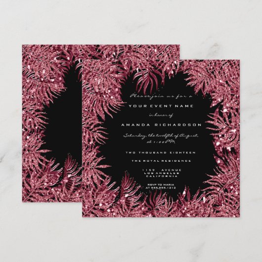 Red Bean Fern Leafs Lijst Metallic Zwart Roze Cand Kaart (Voorkant / Achterkant)