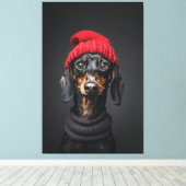 Red Beanie Dachshund Canvas Afdruk (Insitu (Houten vloer))