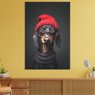 Red Beanie Dachshund Canvas Afdruk