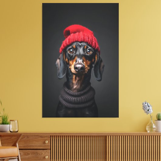 Red Beanie Dachshund Canvas Afdruk (Insitu (Woonkamer))