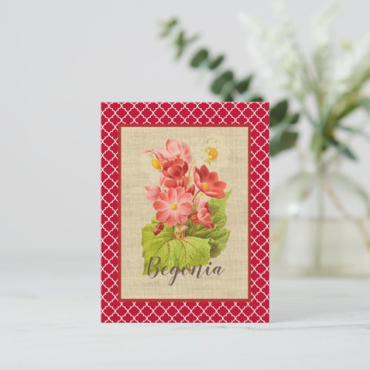 Red Begonia Botanical en Quatrefoil Briefkaart (Staand voorkant)