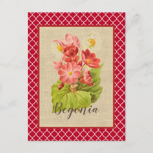 Red Begonia Botanical en Quatrefoil Briefkaart (Voorkant)