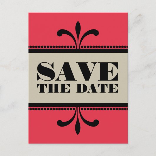 Red/beige Fancy Art Deco Opslaan Briefkaart datum (Voorkant)