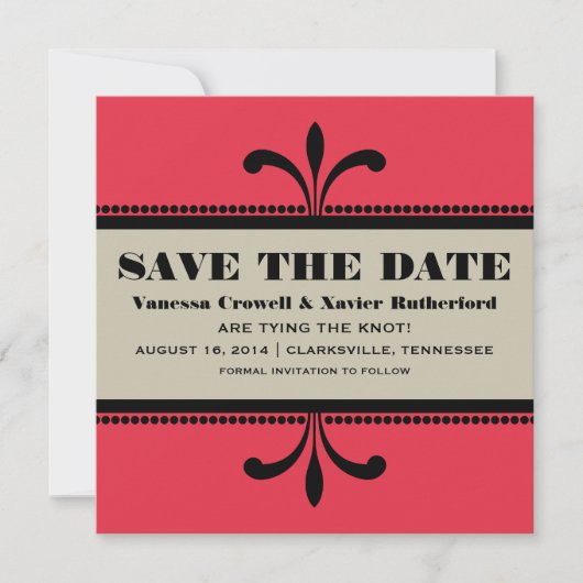 Red/beige Fancy Art Deco Save the Date Invite (Voorkant)