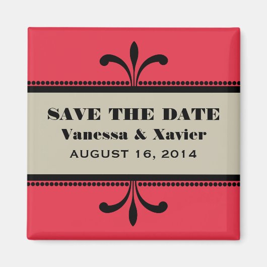 Red/beige Fancy Art Deco Save the Date Magnet (Voorkant)
