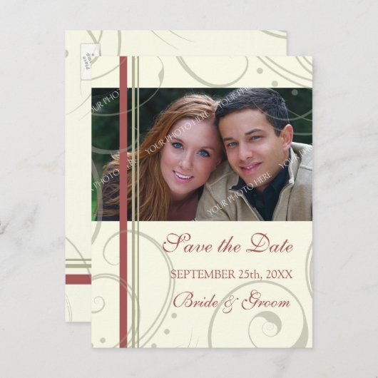 Red Beige Foto Bewaar de datum bruiloft Briefkaart (Voorkant / Achterkant)