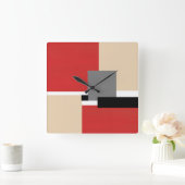 Red Beige Grey Black White Geometric Vierkante Klok (Huis)