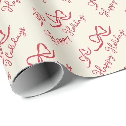 Red Beige Happy Holidays Bow Pattern Cadeaupapier (Rol Hoek)