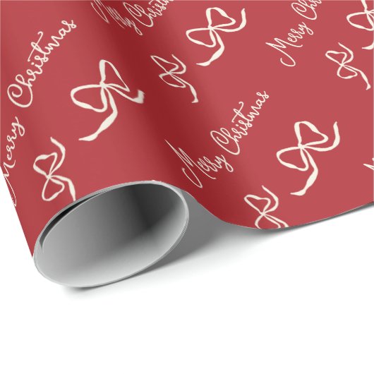 Red Beige Merry Christmas Bow Pattern Cadeaupapier (Rol Hoek)