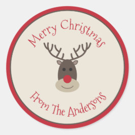 Red Beige Merry kerststicker met Rudolph Ronde Sticker