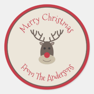 Red Beige Merry kerststicker met Rudolph Ronde Sticker