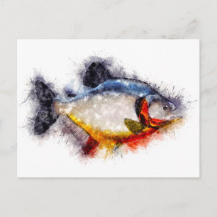 Red Bellied Piranha Waterverf monster vis kunst Briefkaart