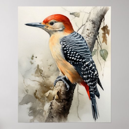 Red Bellied Woodpecker Bird Art Print Poster (Voorkant)