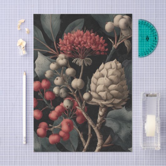 Red Berries and Exotic Seed Pods on Black Tissuepapier (Craft)