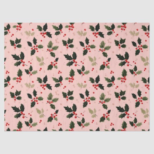 Red berries and holly on pink tissuepapier (Voorkant)
