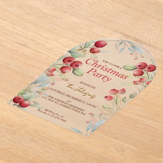 Red Berries and Pine Holiday Acryl Uitnodigingen (Laagn)