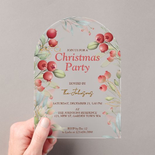 Red Berries and Pine Holiday Acryl Uitnodigingen (Insitu (Draagbaar))