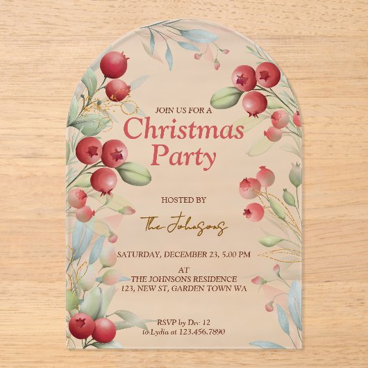 Red Berries and Pine Holiday Acryl Uitnodigingen (Voorkant)