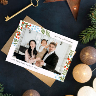 Red Berries Blue Flowers Family Fotokerstfeest Feestdagenkaart