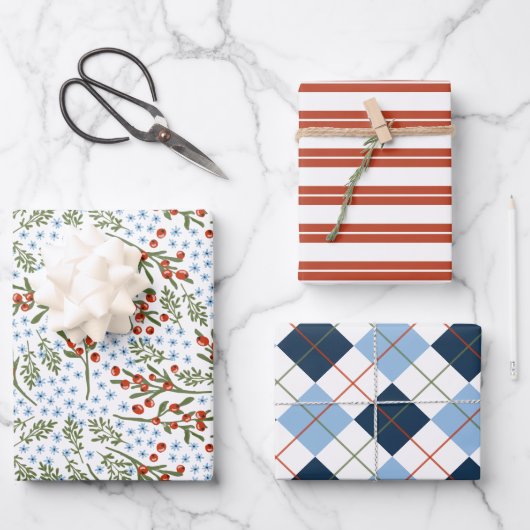 Red Berries Blue Flowers Pset Stripes Kerstmis Inpakpapier Vel (Voorkant)